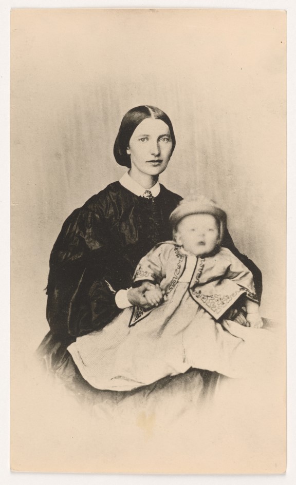 Mother Laura and the one year old Edvard Munch in 1864, wearing an elegant jacket, which is now in the collection of the museum. Baby boy on the lap of woman, wearing a baby jacket