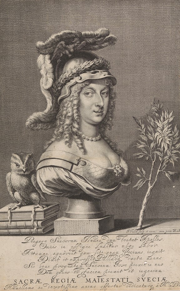 Jeremias Falck, after Erasmus Quellinus and David Beck, "Chistina of Sweden as Minerva" , 1649. Christina of Sweden in the form of a bust, surrounded by an owl, olive branch and books