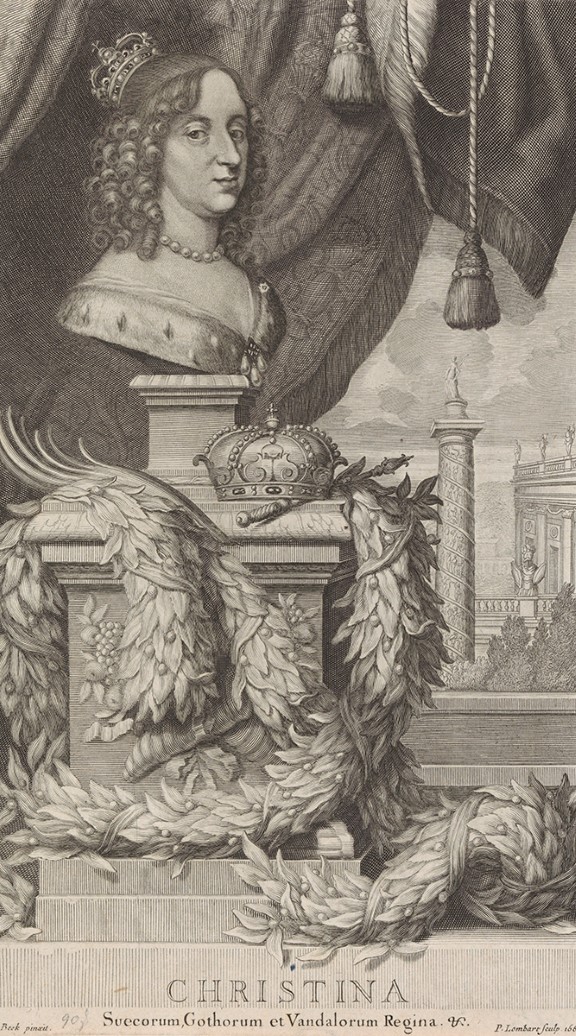 Pierre Lombart, etter David Beck, «Kristina of Sweden», 1668. From Samuel von Pufendorfs book from 1696. Portrait of Queen Kristina of Sweden.