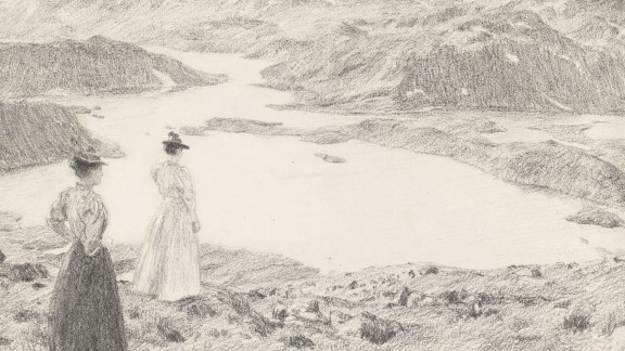 Tegning av to kvinner som ser utover landskap i fjellene