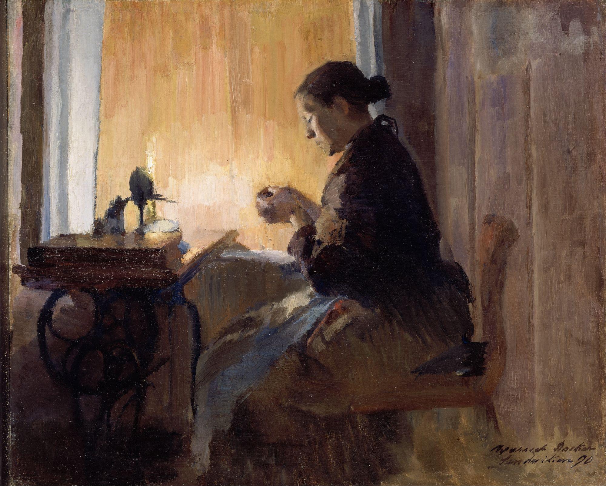 Harriet Backer, "By Lamp Light", 1890