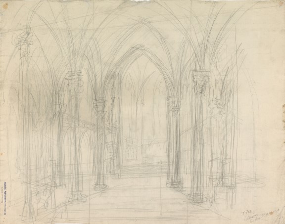 Alexis de Chateauneuf: "Design for the Interiour in Trinity Church", 1850. Pencil, 427 x 544 mm. Rough draft of church interior