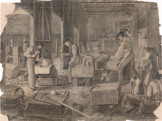 Wilhelm von Hanno: “Trinity Church Stone Mason’s Workshop”, 1852. Pencil, 475 x 620 mm.