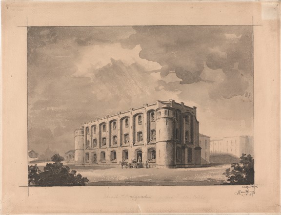 Wilhelm von Hanno: “Design for a National Archive Building”, 1853. Pen and wash, 361 x 474 mm.