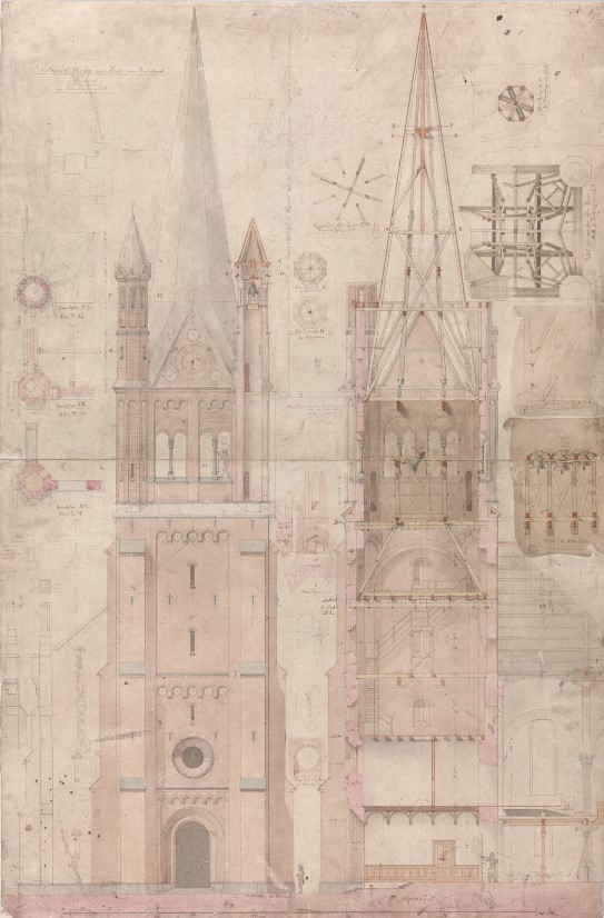 Wilhelm von Hanno: “The Steeple at Grønland Church”, 1866. Pen and wash, 987 x 652 mm.
